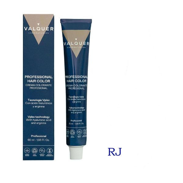 VALQUER COLORATION RJ hair products display with vibrant colors and branding