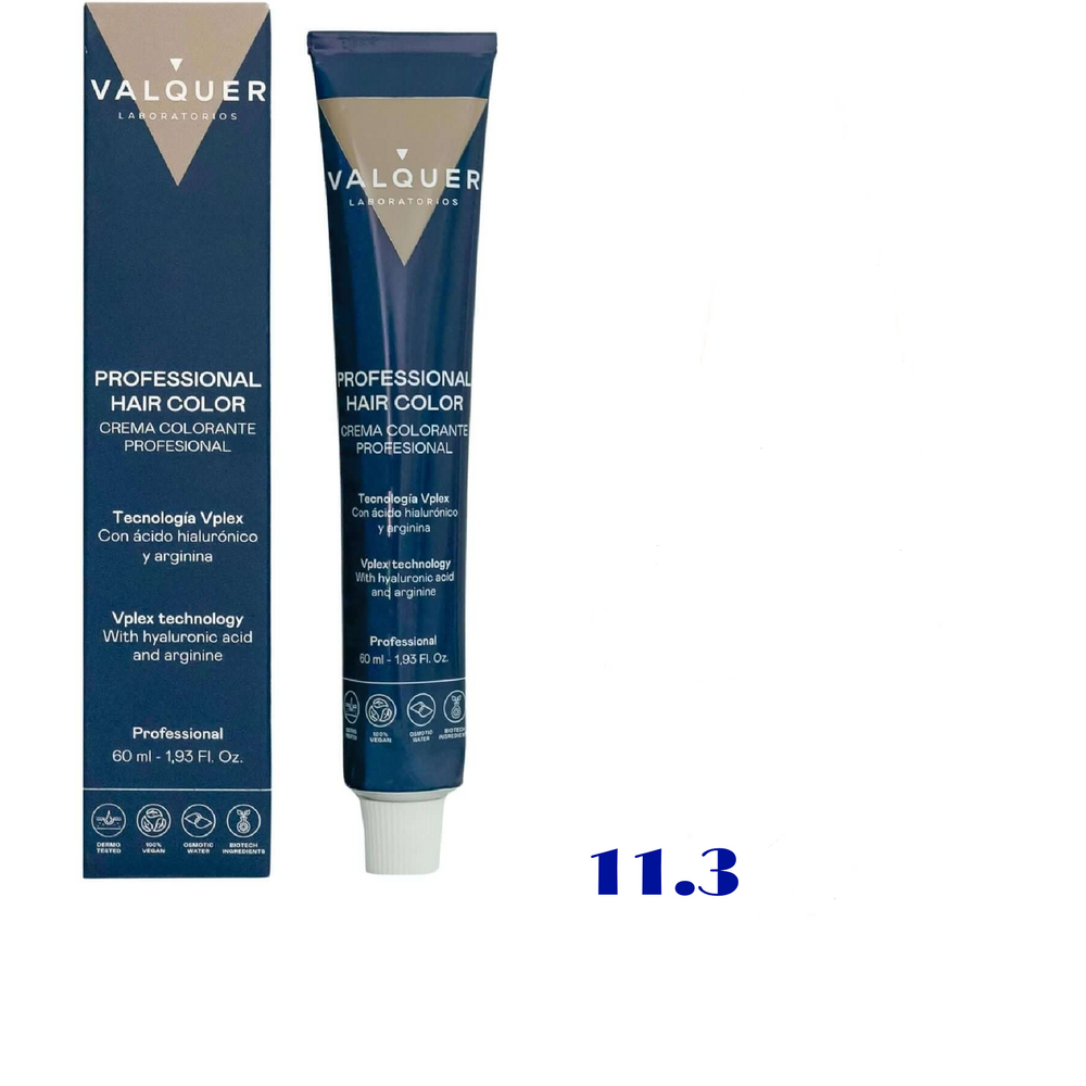 VALQUER COLORATION 11.3 hair dye packaging with color swatch