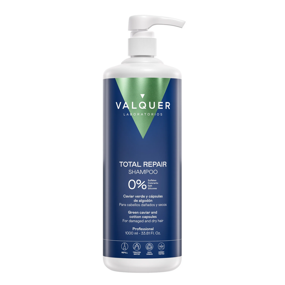 VALQUER SHAMPOING 0% TOTAL REPAIR 1L bottle with caviar and silk proteins, sulfate-free hair repair shampoo
