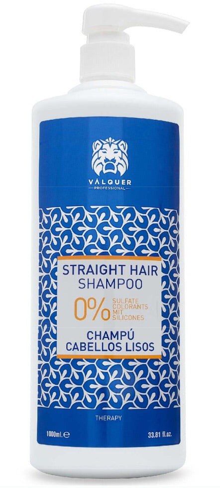 VALQUER SHAMPOING 0% EFFET LISSE 1L bottle with blue design, highlighting no harmful agents and frizz elimination.