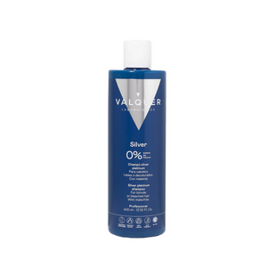 VALQUER SHAMPOING 0% SILVER 400ML bottle for silver and gray hair care with pearl powder and silver pigments, sulfate-free shampoo