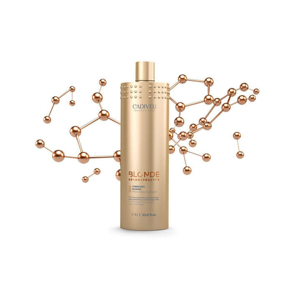 CADIVEU UNBROKEN BLOND PLEX 1L bottle with molecular structure background for hair protection and reconstruction.