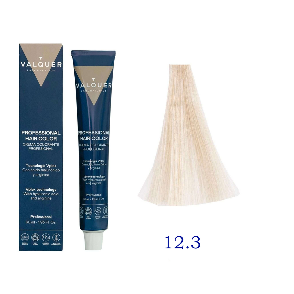 VALQUER COLORATION 12.3 hair dye packaging with purple and orange color accents
