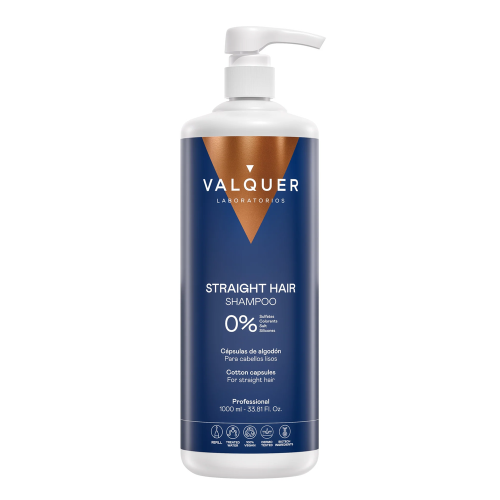 VALQUER SHAMPOING 0% EFFET LISSE 1L bottle with smooth hair effect, sulfate-free and silicone-free formula